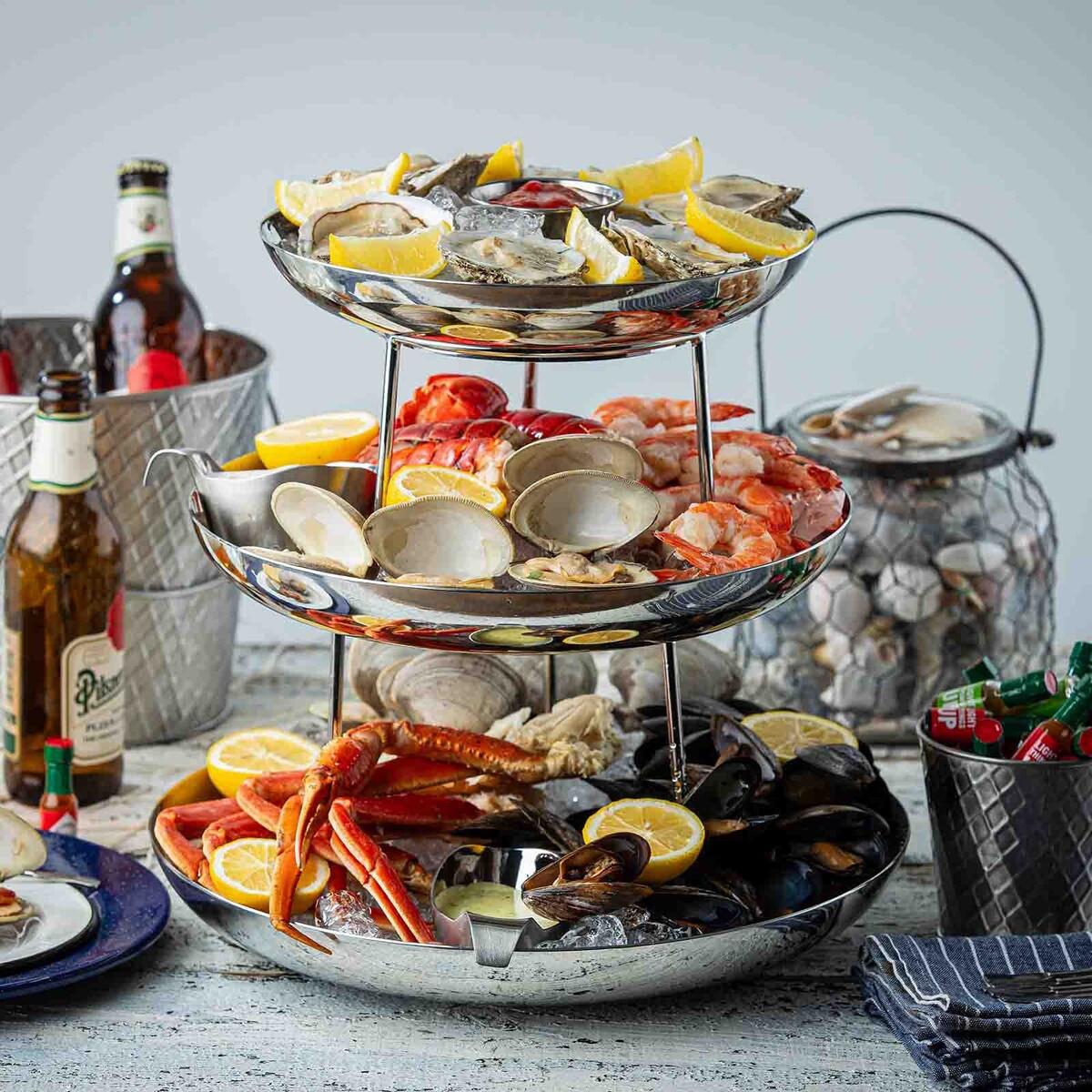 Tablecraft Stainless Steel Round Three-Tiered Seafood Tower.
