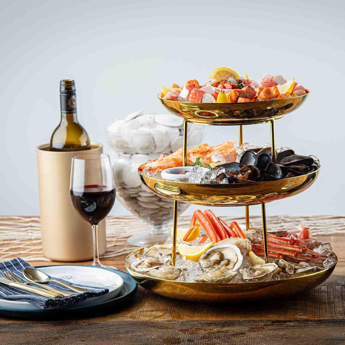 Tablecraft Gold Round Three-Tiered Seafood Tower.