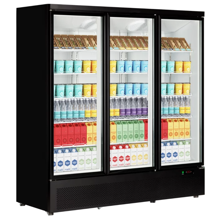 Tefcold Atom Maxi C3DB Black Upright Glass Three Door Fridge 1664 Litres