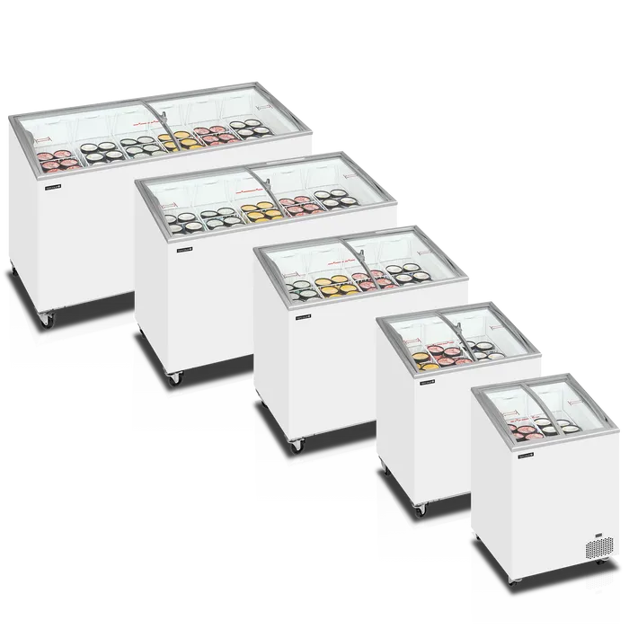 Set of white display cases with glass tops on a white background