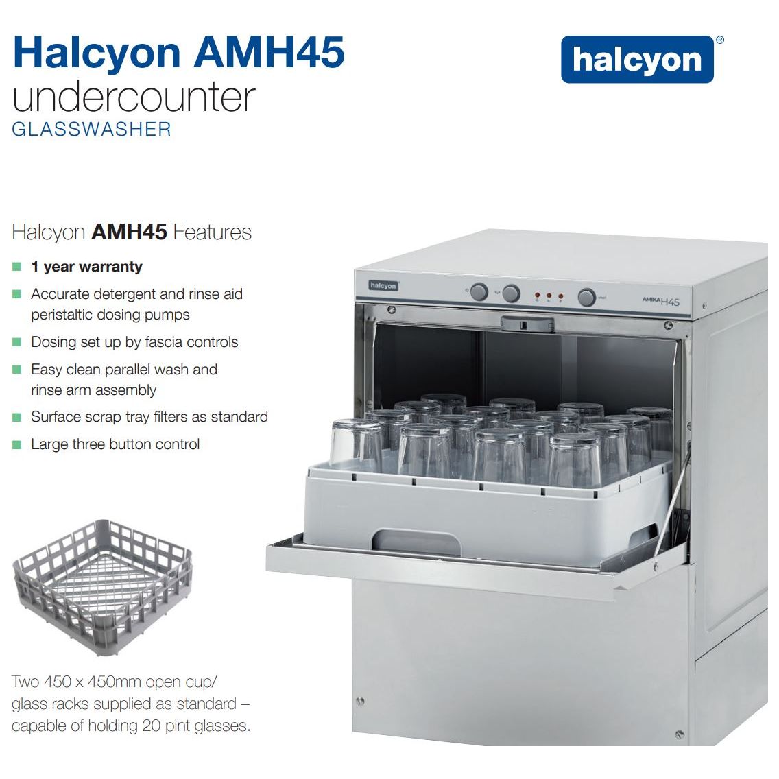 The Maidaid Halcyon Amika AMH45 warewasher is constructed with a wash tank designed to reduce water consumption, with simple controls, which deliver consistent washing results while being easy to use with low running costs and a long durable lifetime.