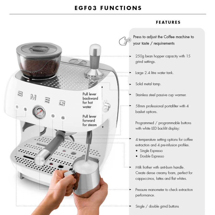 Smeg EGF03WHUK Retro White Espresso Coffee Machine With Grinder.