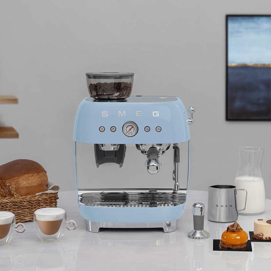 Smeg EGF03PBUK Retro Pastel Blue Espresso Coffee Machine With Grinder.