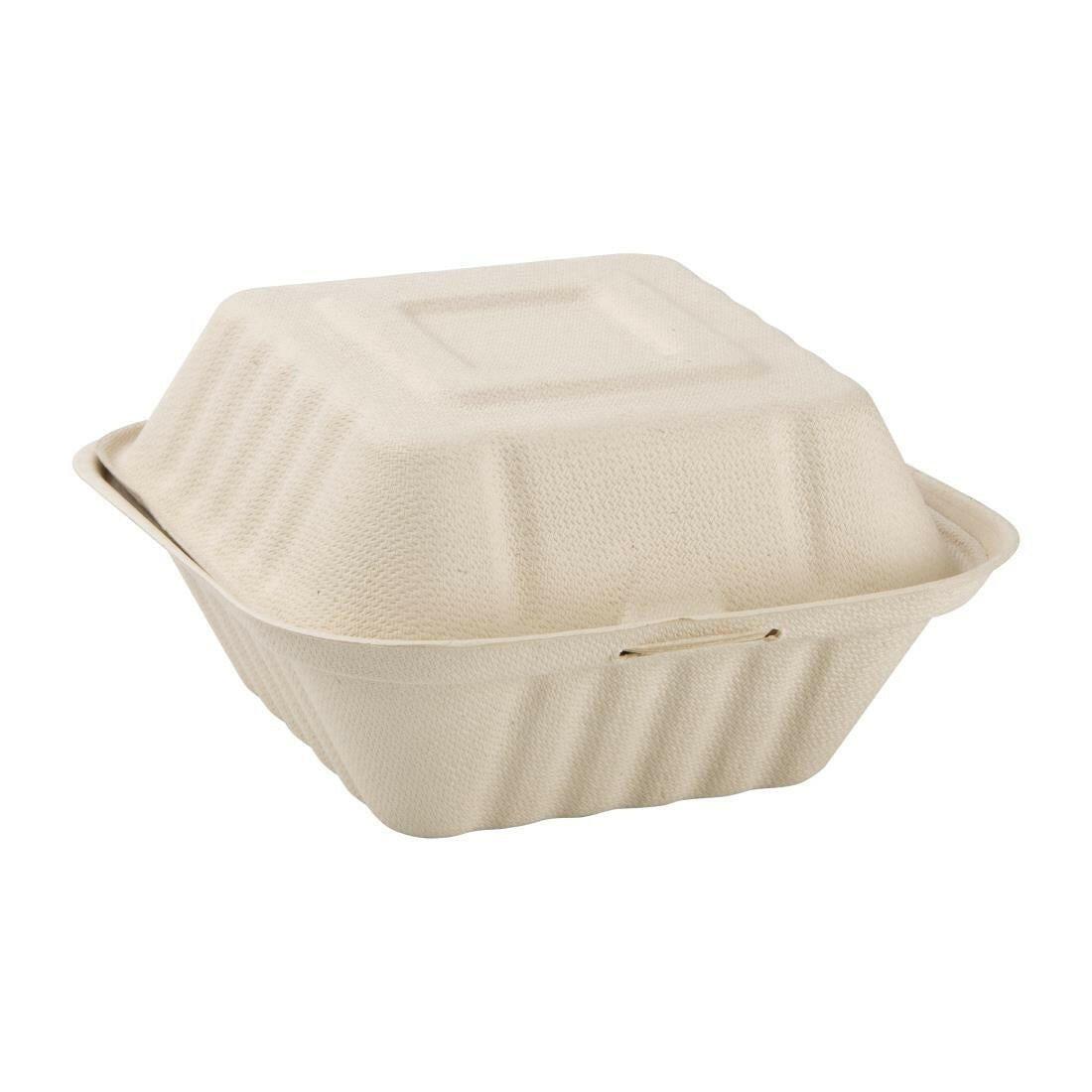 Recyclable Bagasse Clamshell Boxes 6 x 6 Case Size 500.
