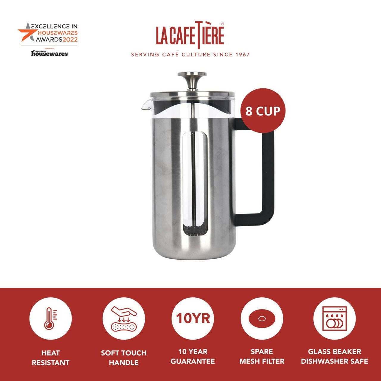 La Cafetière Pisa Cafetiere Silver 8-Cup 1 Litre - Cater-Connect Ltd