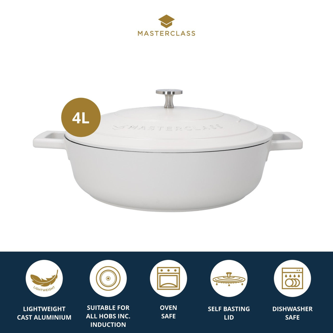 MasterClass Lightweight Shallow 4 Litre Cream Casserole Dish With Lid - Cater-Connect Ltd