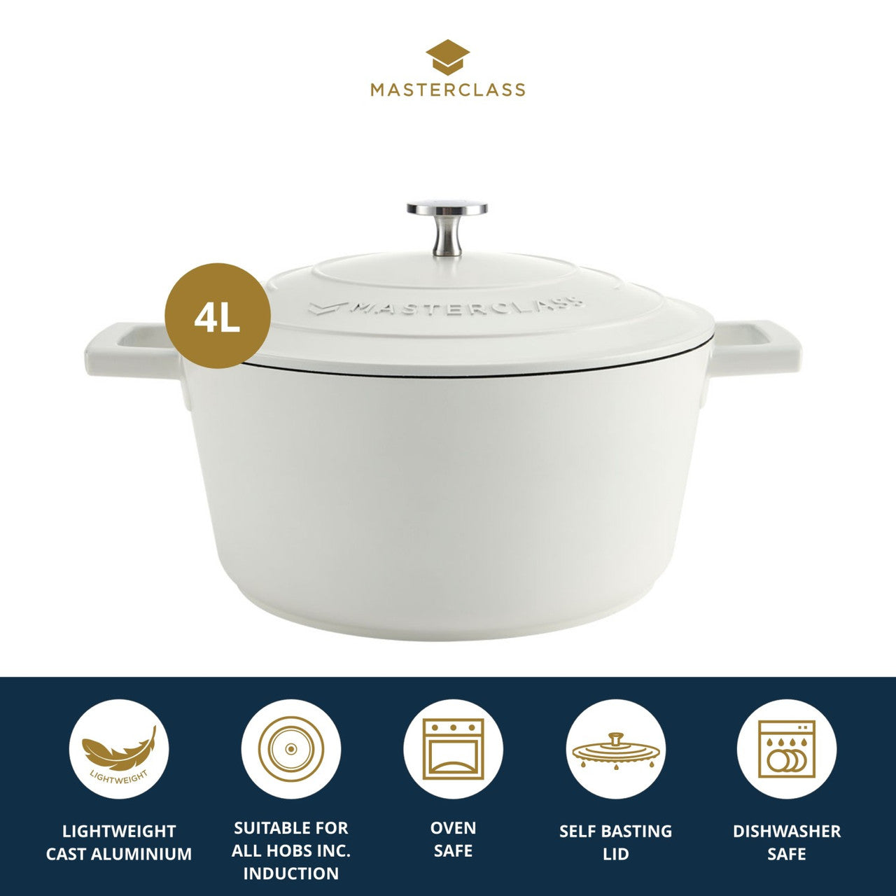 MasterClass Lightweight 4 Litre Cream Casserole Dish With Lid - Cater-Connect Ltd
