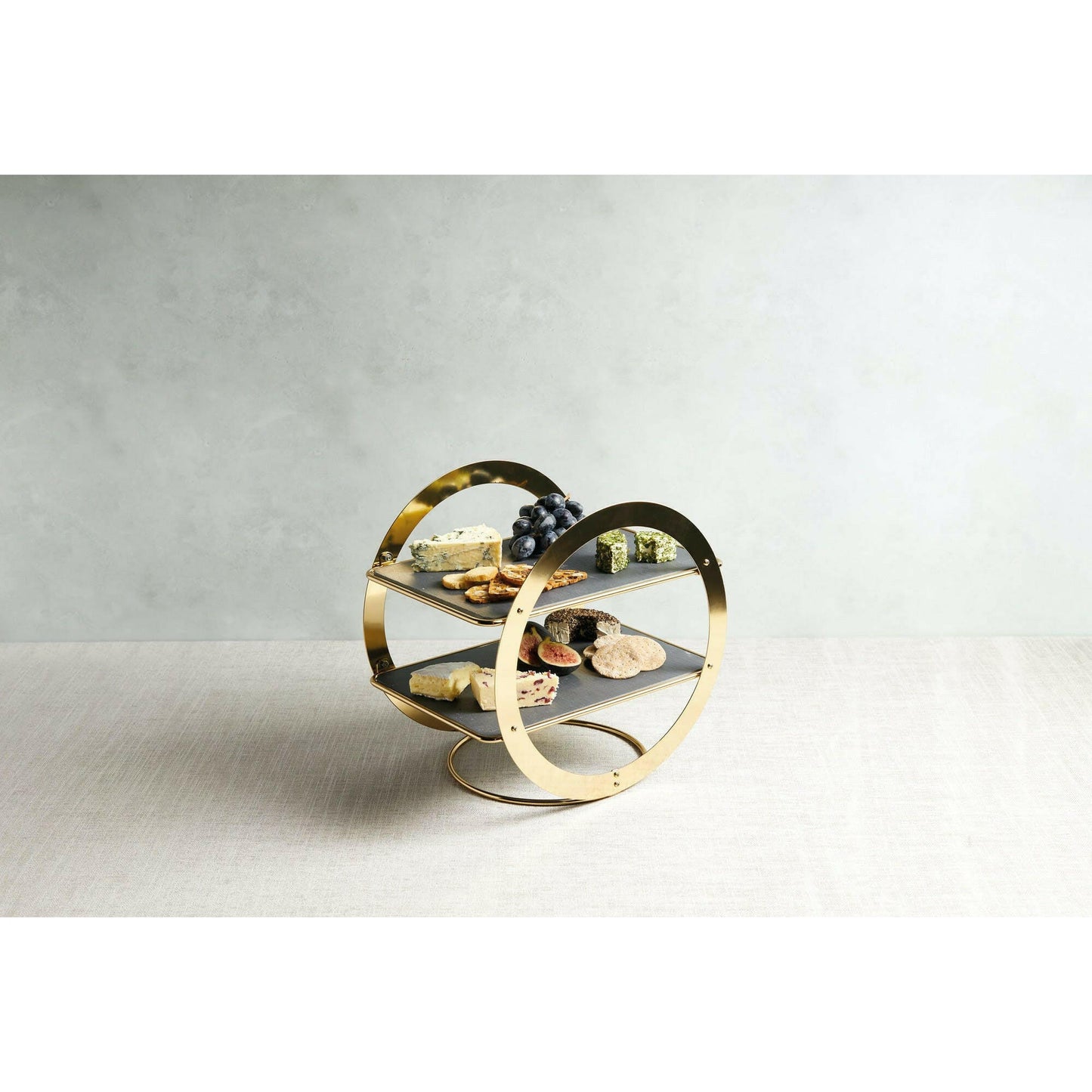Artesà 2-Tier Geometric Brass Coloured Serving Stand with Slate Serving Platters - Cater-Connect Ltd