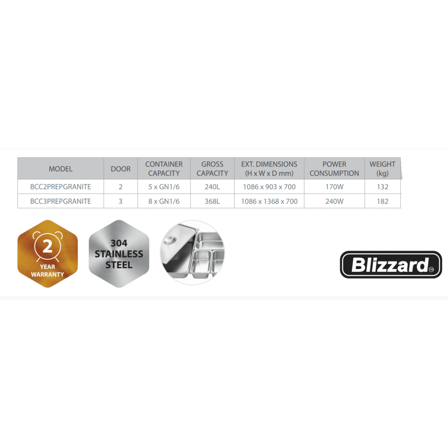Blizzard BCC3PREPGRANITE 3 Door 1/1GN Pizza Prep Counter 368 Litre - Cater-Connect Ltd