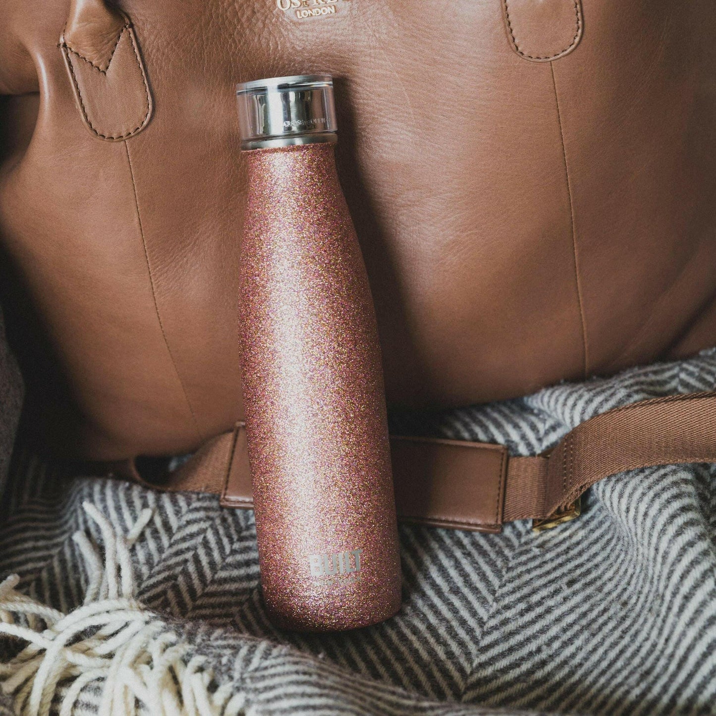 Built 500ml Double Walled Stainless Steel Water Bottle Rose Gold Glitter.
