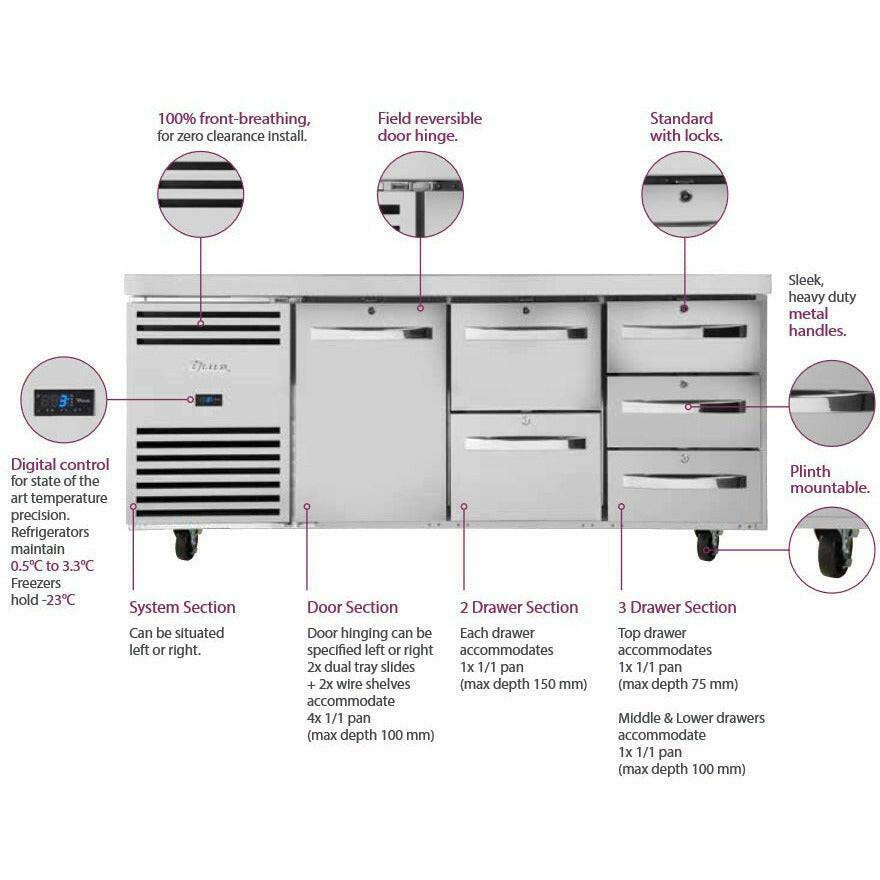 True TCR1/2-CL-SS-DL-DR Two Door Counter Fridge 420 Litres.
