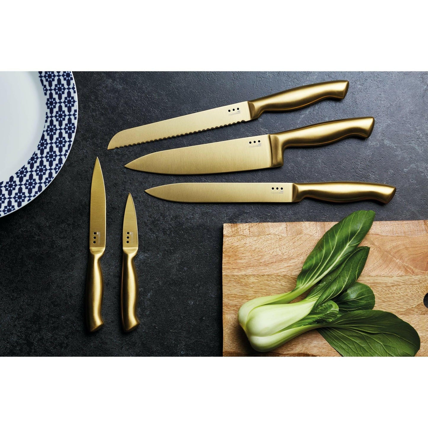 MasterClass 5-Piece Brass-Coloured Stainless Steel Knife Set And Knife Block.