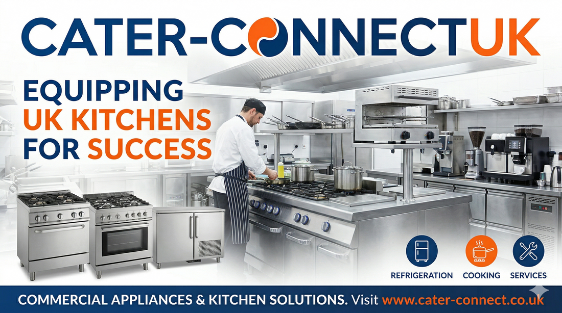 Modern commercial kitchen with cooking equipment and a chef at work.