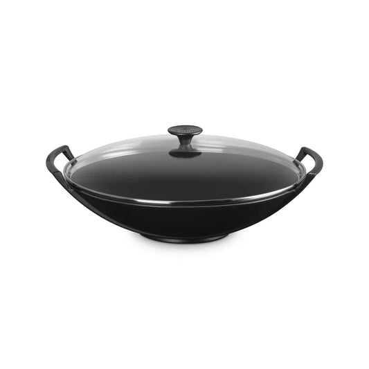 Le Creuset Satin Black Cast Iron Wok With Glass Lid 36cm/4.5 Litres
