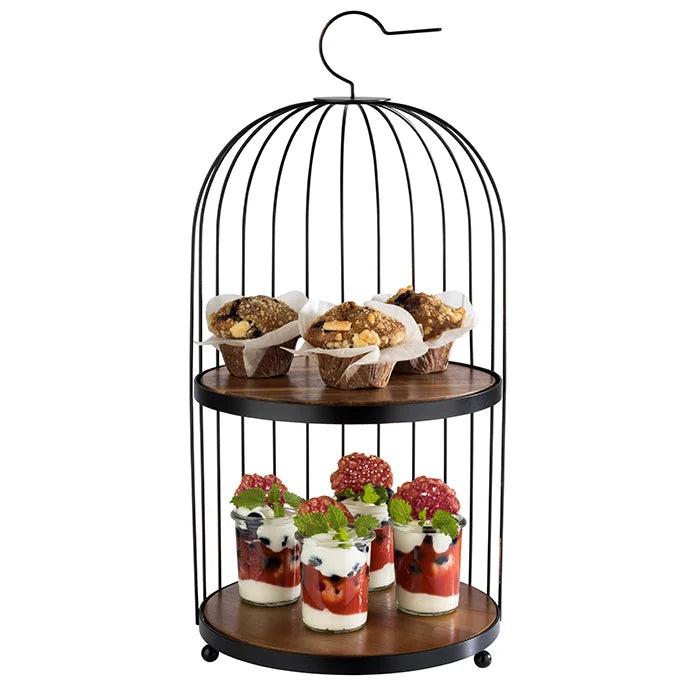 DPS Black Metal Birdcage Buffet Stand 2 x Acacia Wood Panels
