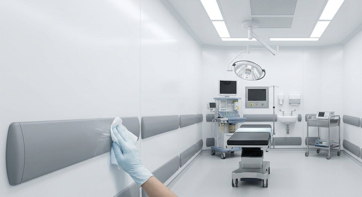 Medical-grade hygienic wall cladding and heavy-duty impact protection panels installed in a modern clinical facility.