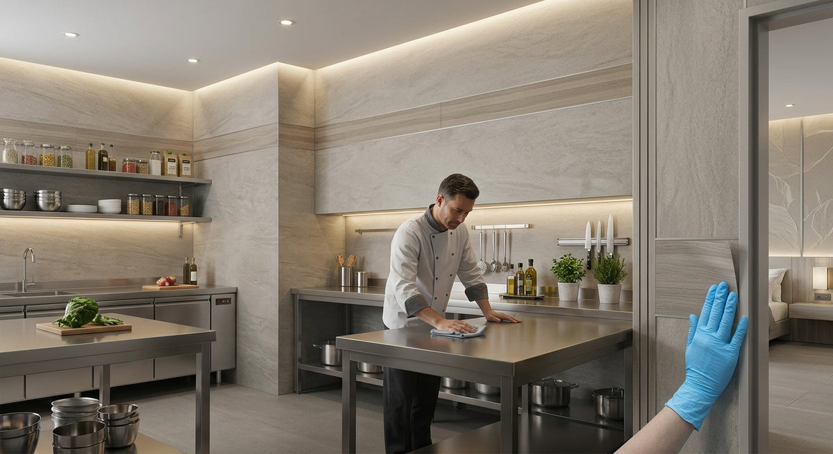 Decorative and durable hygienic wall protection panels installed in a modern hotel service kitchen.