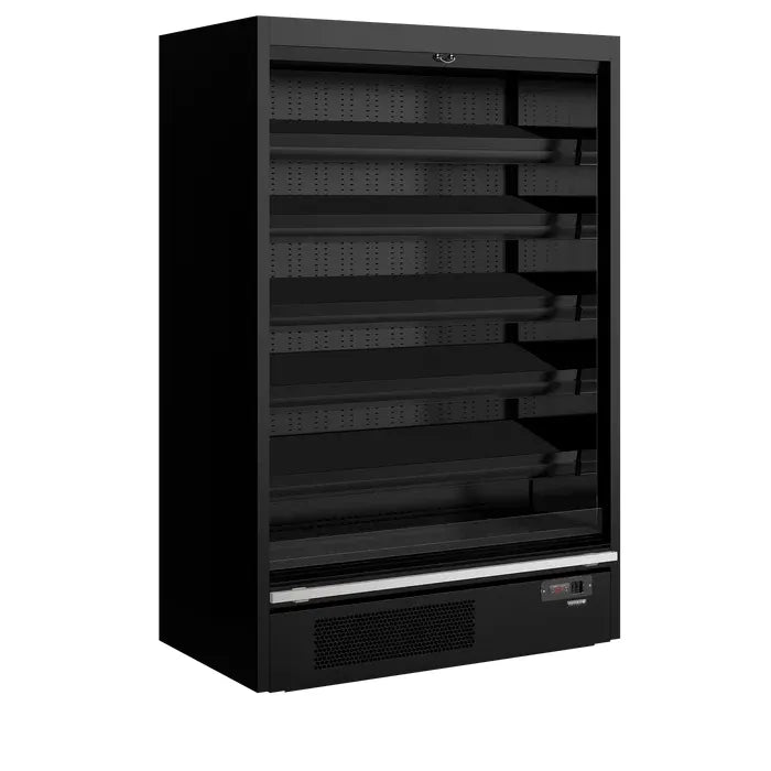Black industrial shelving unit on a white background