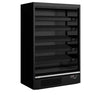 Black industrial shelving unit on a white background