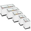 Set of white display cases with glass tops on a white background
