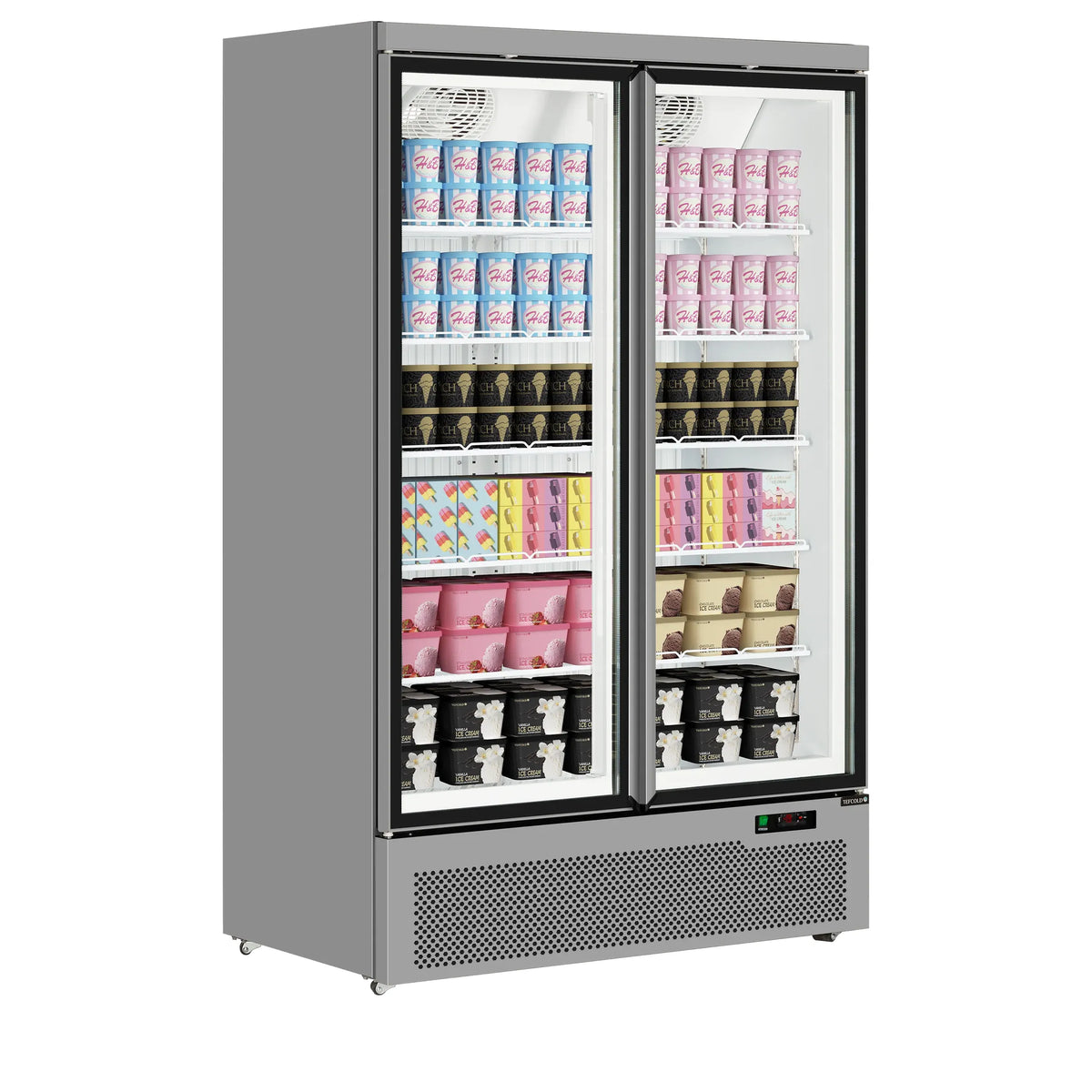 Tefcold Atom Maxi F2DS Silver Upright Double Glass Door Freezer 1006 Litres