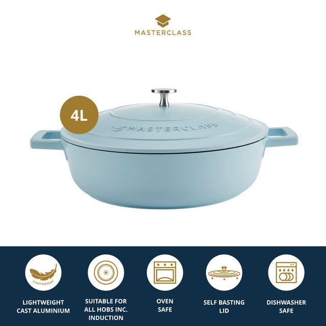 MasterClass Lightweight Shallow 4 Litre Sky Blue Casserole Dish With Lid
