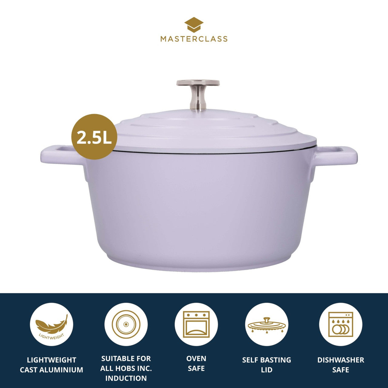 MasterClass Lightweight 4 Litre Lavender Casserole Dish With Lid