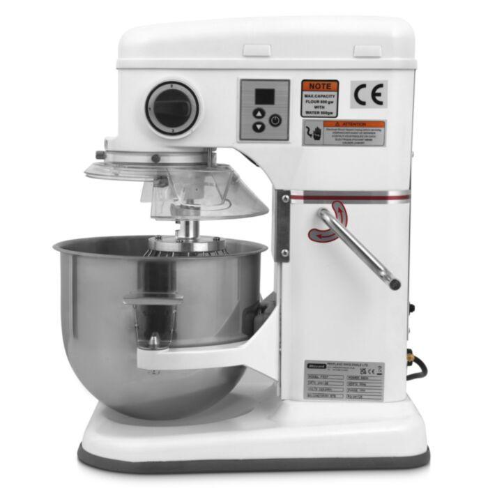 White stand mixer with a metal bowl on a white background