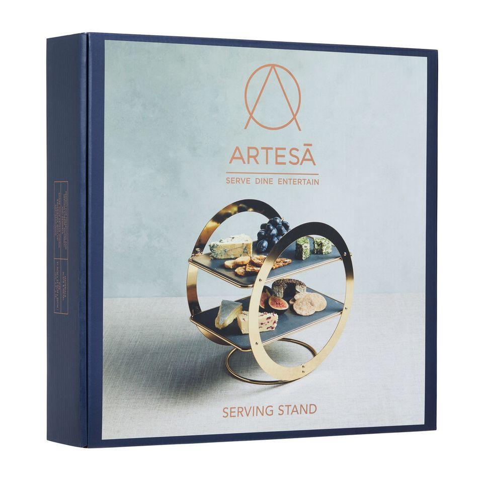 Artesá 2-Tier Geometric Brass-Finished Serving Stand With Slate Serving Platters.