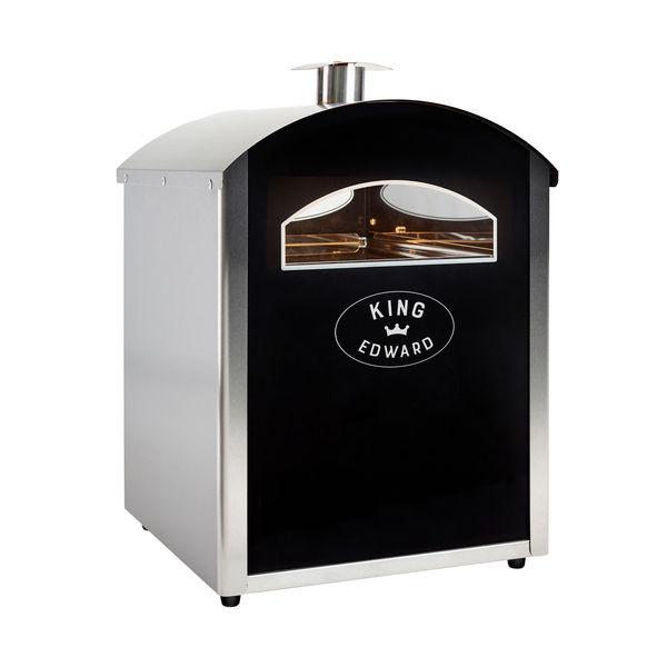 Black and silver outdoor oven with 'King Edward' branding on a white background