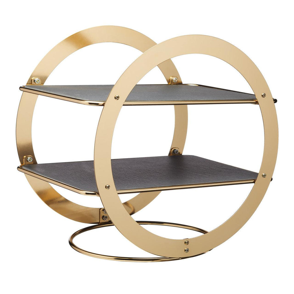 Artesá 2-Tier Geometric Brass-Finished Serving Stand With Slate Serving Platters.