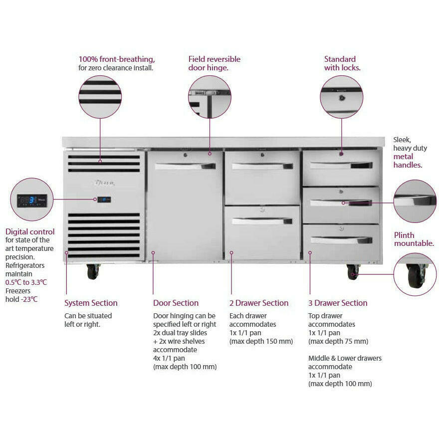 True TCR1/2-CL-SS-DL-DR 1/1GN Counter Fridge 420 Litres - Cater-Connect Ltd